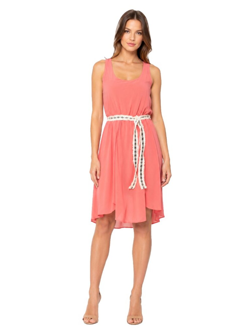 Altar'd State Coral Pink High Low Midi Dress Boho Sleeveless Size S Belt